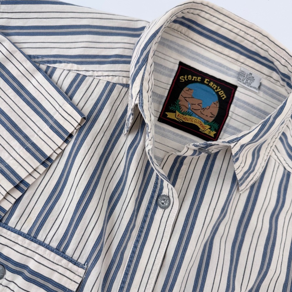 Vintage Stone Canyon Womens Striped S/S Button Up Shirt Blue White Western Boxy